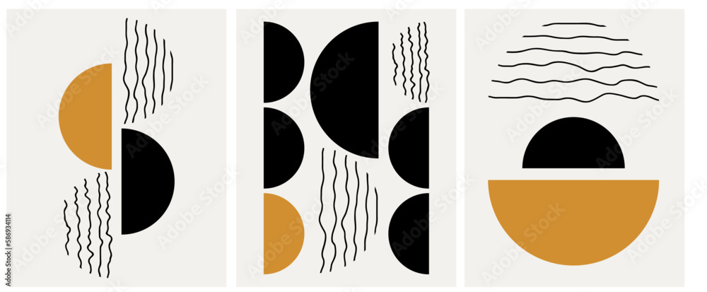 collection of simple modern abstraction posters with geometric shapes in yellow and black colors on a beige background