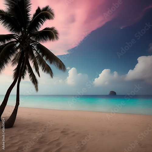 beach with coconut trees - Beach landscape - Ocean calm waves background for design - beach background for design - Generative AI