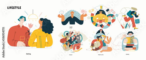 Lifestyle series set - modern flat vector illustrations of people living their lives and engaging in a hobby. People society activities methapors and hobbies concept