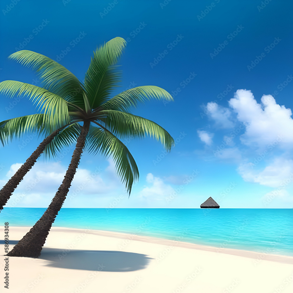 beach with coconut trees - Beach landscape - Ocean calm waves background for design - beach background for design - Generative AI