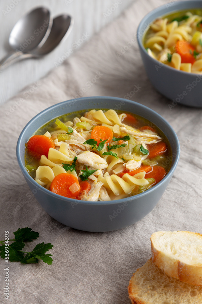 Homemade Chicken Noodle Soup in a Bowl, side view. Homemade Chicken Noodle Soup in a Bowl, side view.