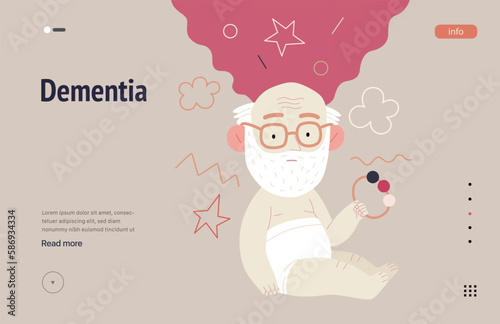 Mental disorders web template. Dementia- modern flat vector illustration of elderly man, weakening of cognitive function, return to childhood. People emotional, psychological, mental traumas concept