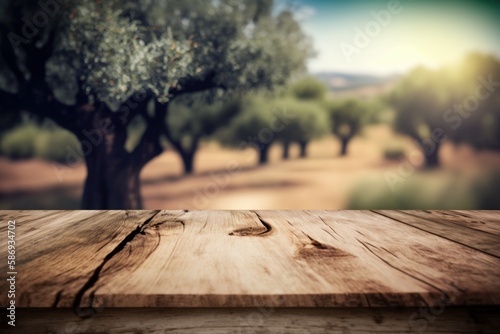 Old wooden table with olives in the background for product presentation with bokeh background (Generative AI)