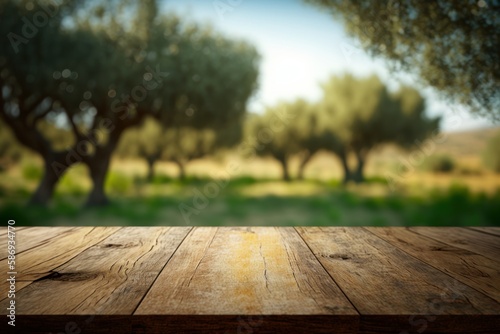 Old wooden table with olives in the background for product presentation with bokeh background (Generative AI)