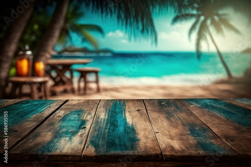 Old wooden table with sea in the background for product presentation with bokeh background (Generative AI) © senadesign