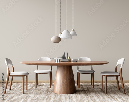 Fototapeta Naklejka Na Ścianę i Meble -  Interior of modern dining room, dining table and white chairs in room with beige wall. 3d rendering
