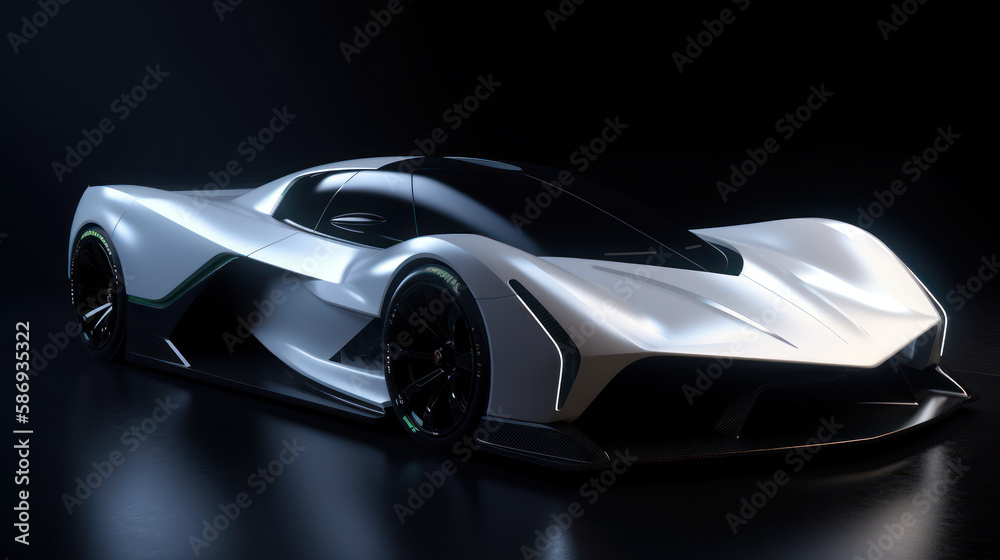 Fototapeta premium Prototype d'automobile électrique à caractère sportif et futuriste, design épuré, vitres fumées, grande jantes aluminium, carrosserie carbone
