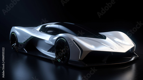 Prototype d'automobile électrique à caractère sportif et futuriste, design épuré, vitres fumées, grande jantes aluminium, carrosserie carbone