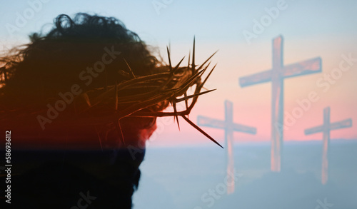 Christ Portrait with crown of thorns and Three Crosses On Calvary Hill