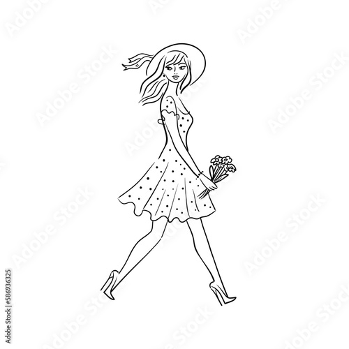 Beautiful young woman carries flowers.Summer stock illustration.