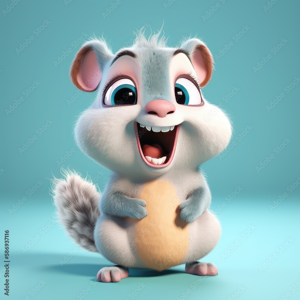 Fototapeta premium Realistic 3D rendering of a happy, fluffy and cute squirrel smiling with big eyes looking straight at you. Created with generative AI