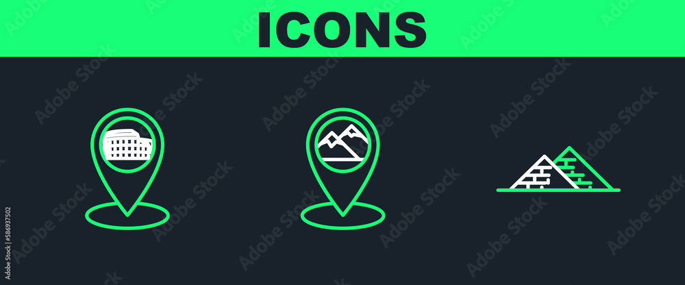 Set line Egypt pyramids, Map pointer with Coliseum in Rome, Italy and mountain icon. Vector Set line Egypt pyramids, Map pointer with Coliseum in Rome, Italy and mountain icon. Vector