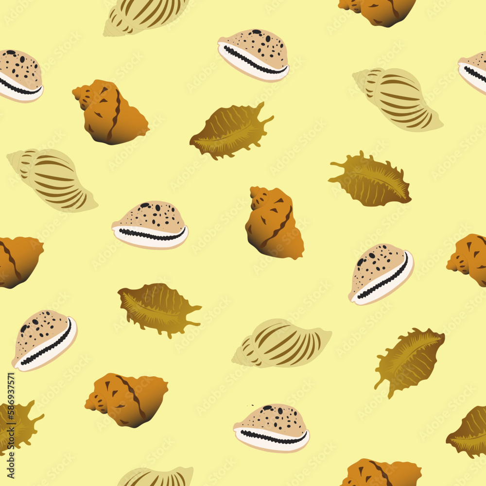Seamless pattern various tropical seashells on yellow background, vector eps 10
