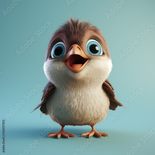 Realistic 3D rendering of a happy, fluffy and cute sparrow smiling with big eyes looking straight at you. Created with generative AI