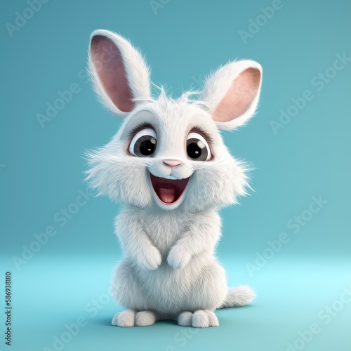 Realistic 3D rendering of a happy, fluffy and cute hare smiling with big eyes looking straight at you. Created with generative AI