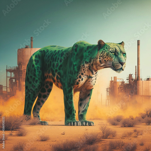 Jaguar panther standing in front Toxic mass from a chemica. Generative AI.