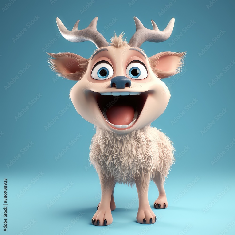 Realistic 3D rendering of a happy, fluffy and cute elk smiling with big eyes looking straight at you. Created with generative AI