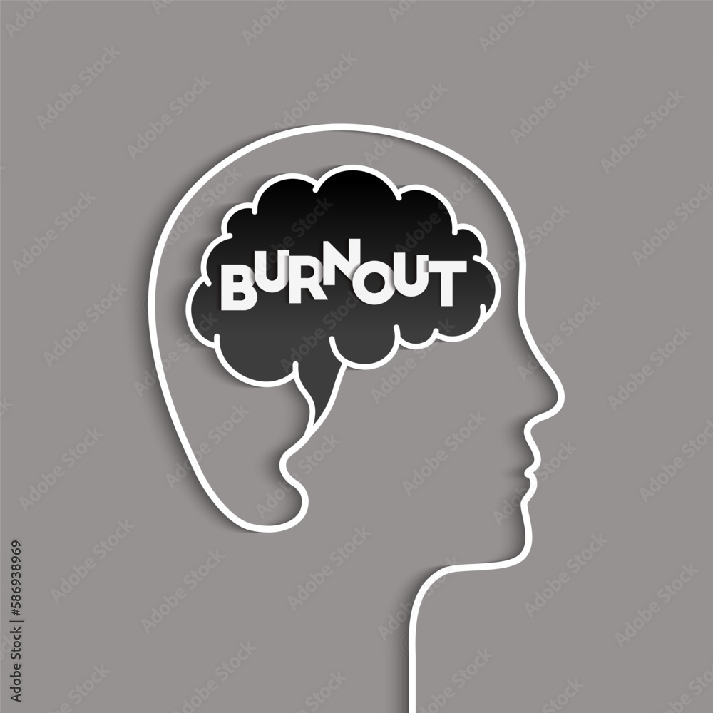 Burnout syndrome concept with head, brain and letters. Feeling burned out, exhausted, tired as a mental health problem sign. Vector illustration in paper cut art with shadow.
