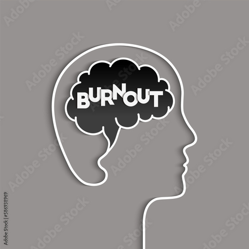 Burnout syndrome concept with head, brain and letters. Feeling burned out, exhausted, tired as a mental health problem sign. Vector illustration in paper cut art with shadow.