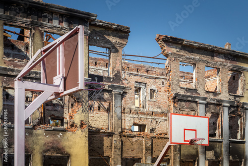 Destroyed and burned ukrainian school as a result of russian aggression against Ukraine. Kharkiv city. War in Ukraine