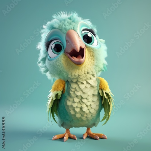 Realistic 3D rendering of a happy, fluffy and cute parrot smiling with big eyes looking straight at you. Created with generative AI