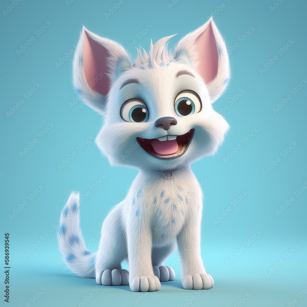 Realistic 3D rendering of a happy, fluffy and cute lynx smiling with big eyes looking straight at you. Created with generative AI