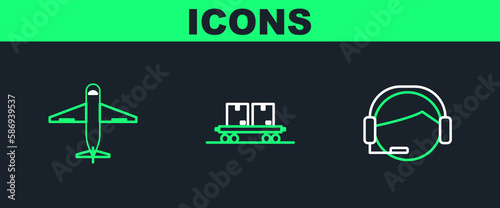 Set line Support operator in touch, Plane and Railway carriage icon. Vector