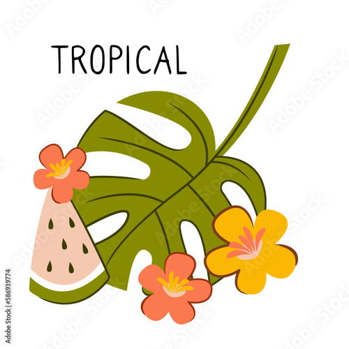 A composition with tropical, exotic leaves and hibiscus flowers, isolated elements. vector illustration