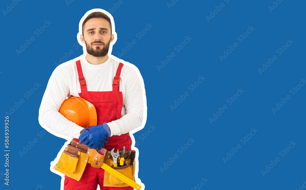 Man for any job. professional repairman. building skills and construction. man build house. skilled architect repair and fix. worker on a blue background. man builder in work clothes. Man for any job. professional repairman. building skills and construction. man build house. skilled architect repair and fix. worker on a blue background. man builder in work clothes.