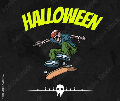 A beautiful illustration of a skulled man, riding on a hoverboard with black Background representing Halloween Festival. Best use for Halloween festival.