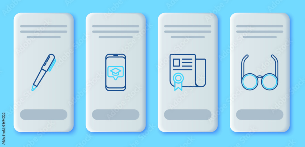 Set line Graduation cap on screen smartphone, Certificate template, Pen and Glasses icon. Vector Set line Graduation cap on screen smartphone, Certificate template, Pen and Glasses icon. Vector