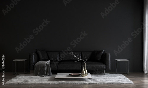 Modern style living room and black wall texture background interior design. 3D rendering
