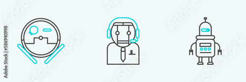 Set line Robot, vacuum cleaner and Worker robot icon. Vector