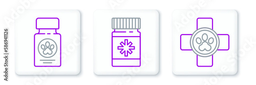 Set line Veterinary clinic symbol, Dog medicine bottle and pills and icon. Vector