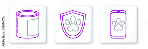 Set line Online veterinary clinic symbol, Canned food and Animal health insurance icon. Vector