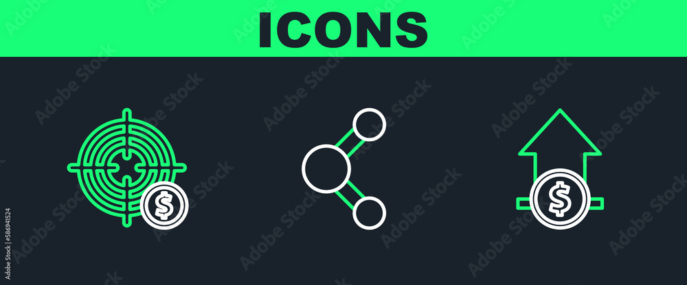 Set line Financial growth and coin, Target with dollar symbol and Share icon. Vector Set line Financial growth and coin, Target with dollar symbol and Share icon. Vector