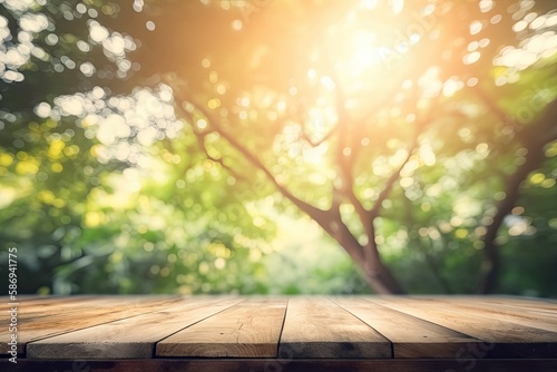 wooden table top with blurred background. Generative AI