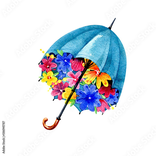 Turquoise umbrella with multicolor flowers inside. Spring watercolor hand draw illustration, isolated on a white background