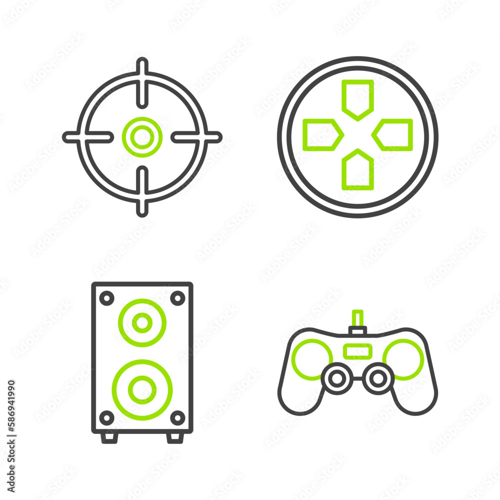 Set line Gamepad, Stereo speaker, and Target sport icon. Vector Set line Gamepad, Stereo speaker, and Target sport icon. Vector