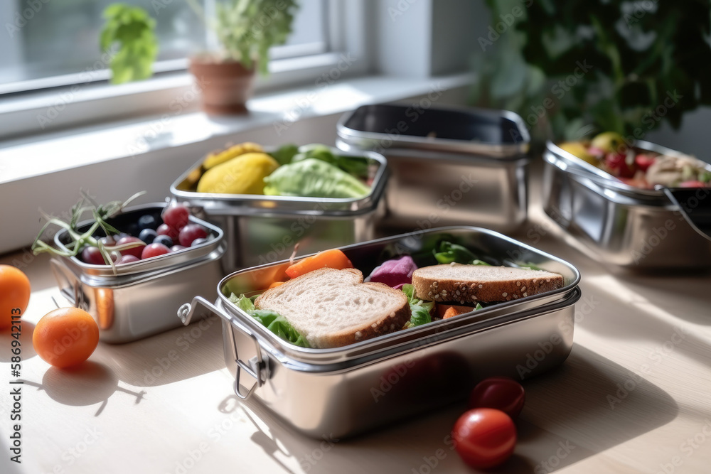 Metallic zero-waste plastic-free lunch boxes with fruits. AI Generated