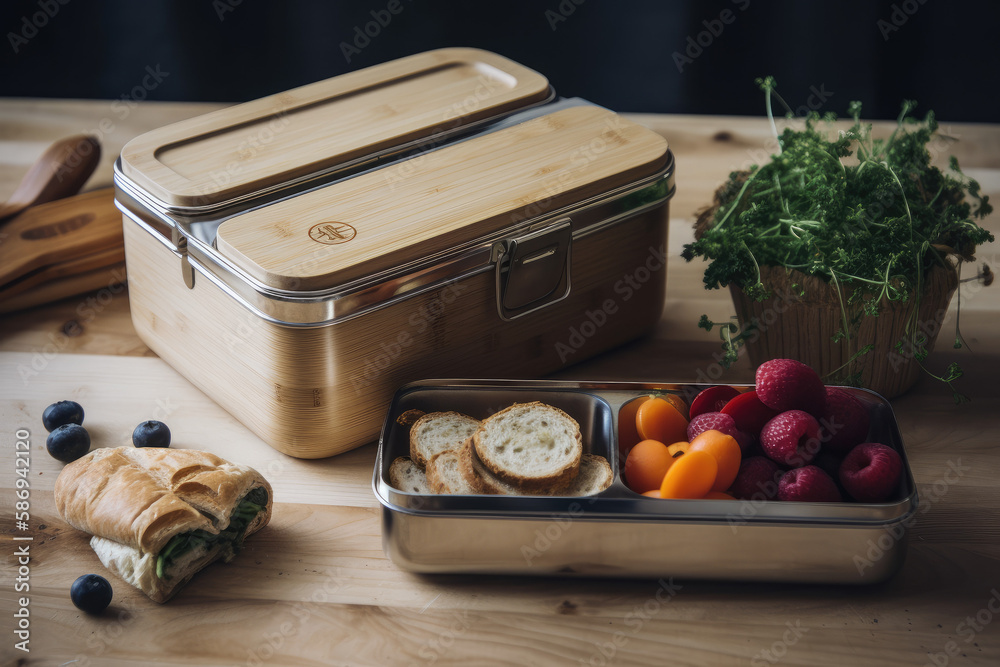 Metallic zero-waste plastic-free lunch boxes with fruits. AI Generated