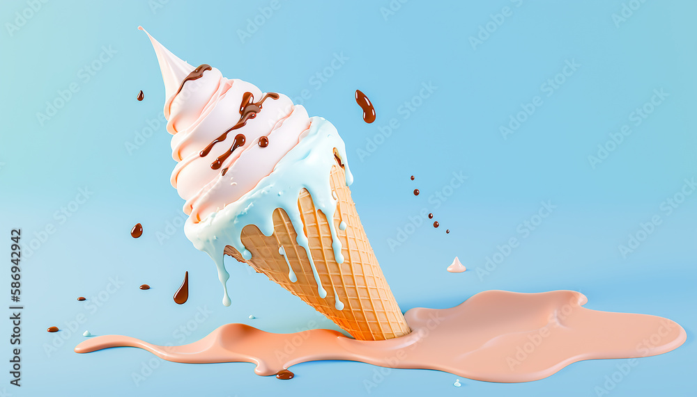 Melting ice cream cone on soft blue background in studio, Generative ai ...