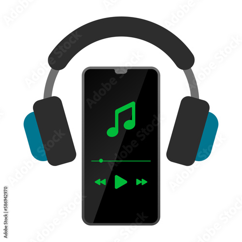 Mobile phone music with headphone flat vector icon illustration logo clipart