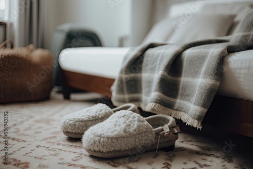 Slippers on braided carpet beside new plaid couch. Modern lounge in cozy flat. Nordic interior design armchair. Hotel recreation, home weekend. Generative AI