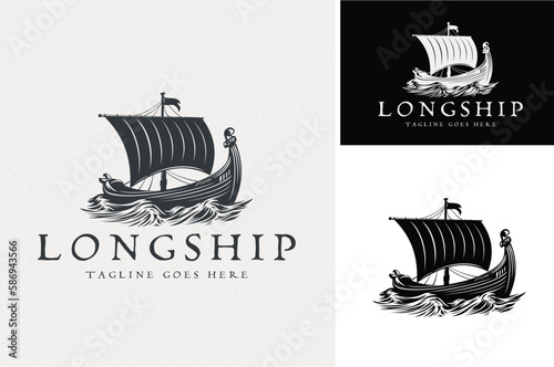 Vintage Traditional Longboat Viking War Ship Drakkar, Ancient Nordic Longship Battle Boat on Ocean Wave Silhouette Illustration Logo design