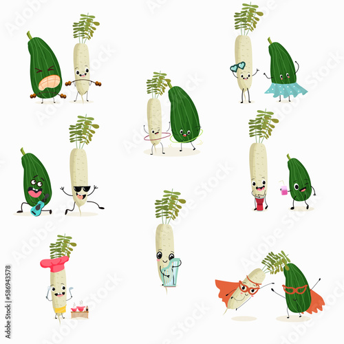 Illustration vector set, collection with funny 
characters zucchini, squash, courgette, legs, joy, marrow,
daikon. Funny and healthy food. Vitamins, cute face food, ingredients, vegetarian, vector car