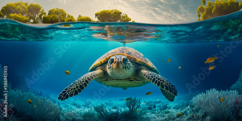 Close up portrait of a green sea turtle (Chelonia mydas) swimming underwater in a lagoon