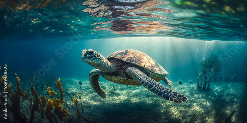 Hawaiian Green Sea Turtle (Chelonia mydas) swimming underwater in Hawaii