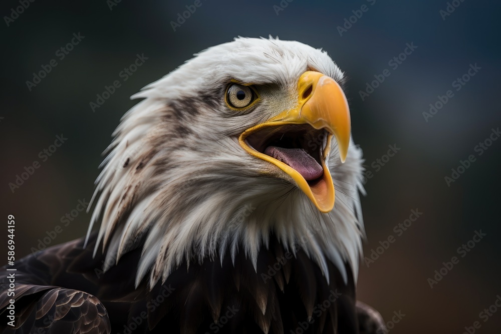 A bald eagle may be seen screeching in this close up (800 mm) photograph in North California. Generative AI A bald eagle may be seen screeching in this close up (800 mm) photograph in North California. Generative AI