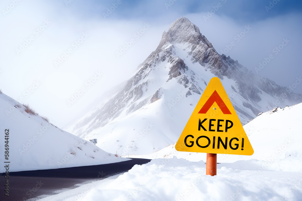 keep going, motivation, success, inspirational quote, on a yellow sign and snowy mountain background - generative ai